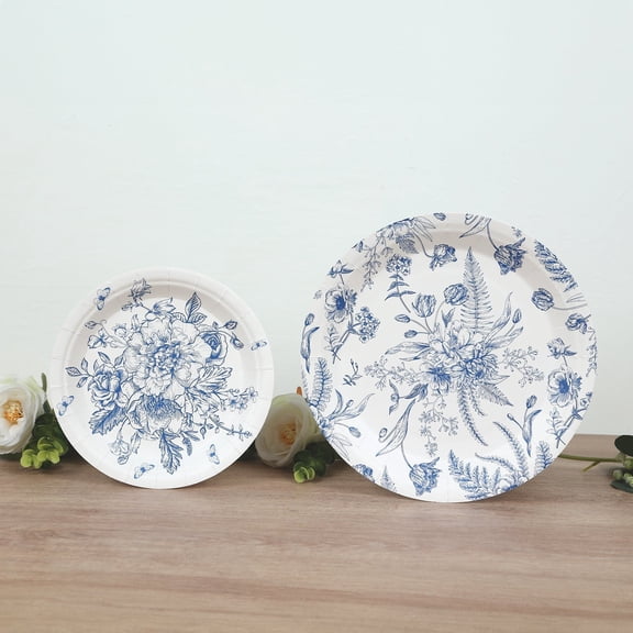 BalsaCircle 50 Paper Round White with Blue French Toile Pattern Dessert and Dinner Plates Wedding Events Party Decorations