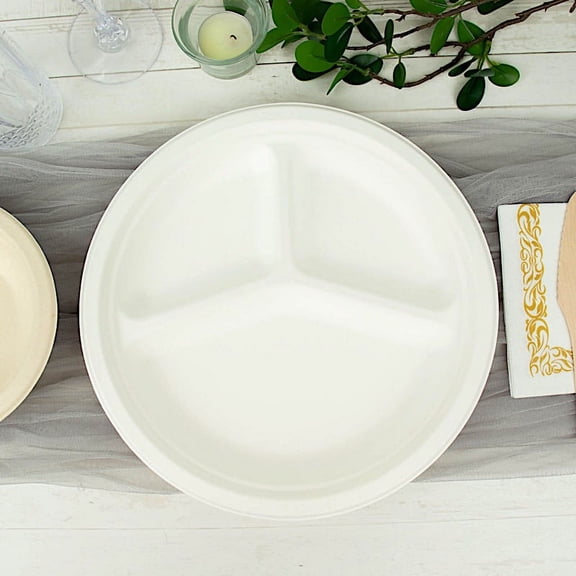 Balsa Circle 50 White 10 in Round 3 Compartment Sustainable Bagasse Disposable Dinner Plates Party Events