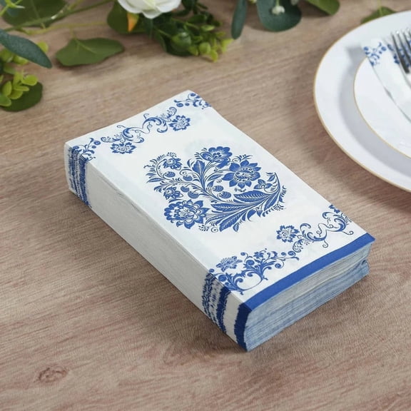 Balsa Circle 50 White and Royal Blue Paper Dinner Napkins in French Toile Floral Pattern Events Home Decorations Supplies