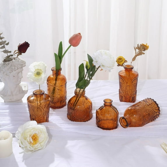 BalsaCircle 6 Amber Gold Glass Flower Vases Embossed Vintage Design Party Events Home Decorations Supplies