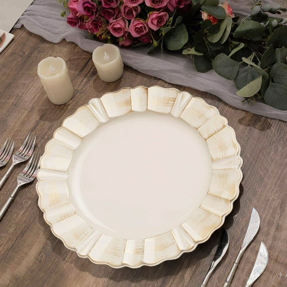 BalsaCircle 6 Beige Gold 13" Acrylic Wooden Textured Round Scalloped Trim Plastic Charger Plates