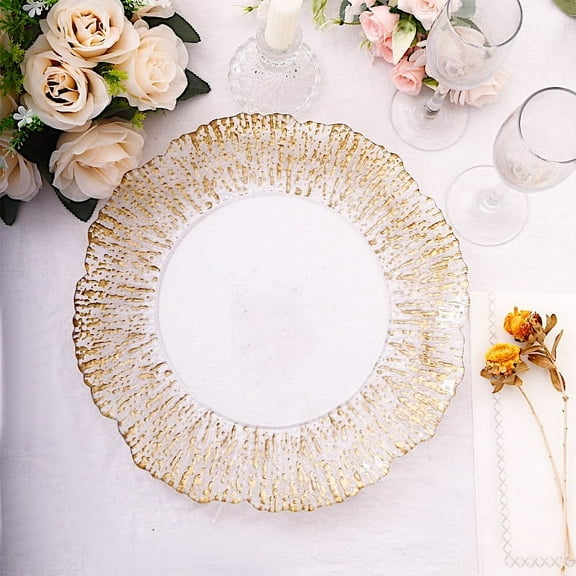 Balsa Circle 6 Clear 12" Round Plastic Charger Plates Gold Reef Rim Design Party Events Decorations Supplies