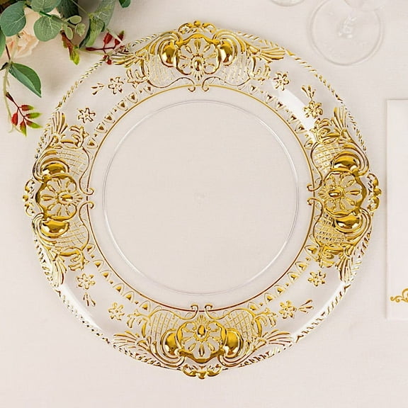 Balsa Circle 6 Clear 13 in Round Plastic Charger Plates Gold Embossed Rim Party Events Decorations Supplies