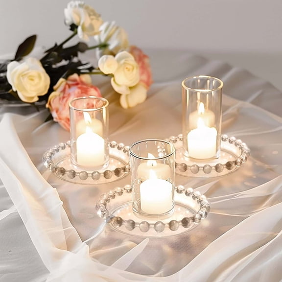 Balsa Circle 6 Clear 4 in Round Glass Pillar Candle Holder Plates Beaded Rims Centerpieces