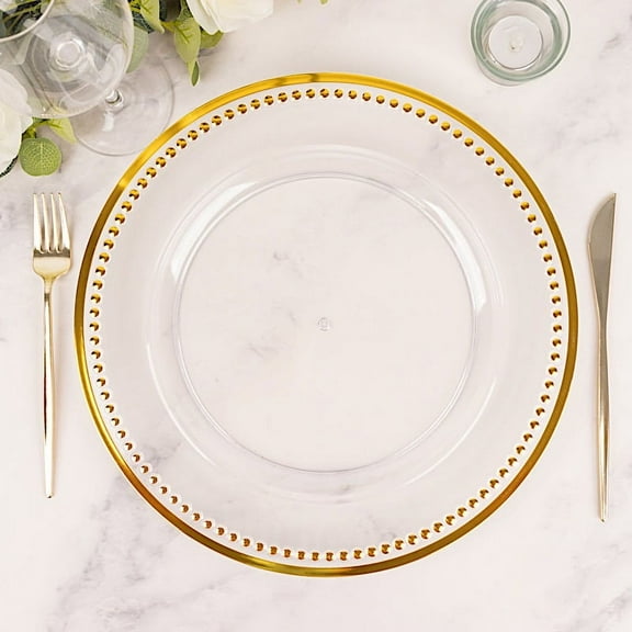 BalsaCircle 6 Clear Gold 13" Crystal Beaded Acrylic Wooden Textured Round Charger Plates