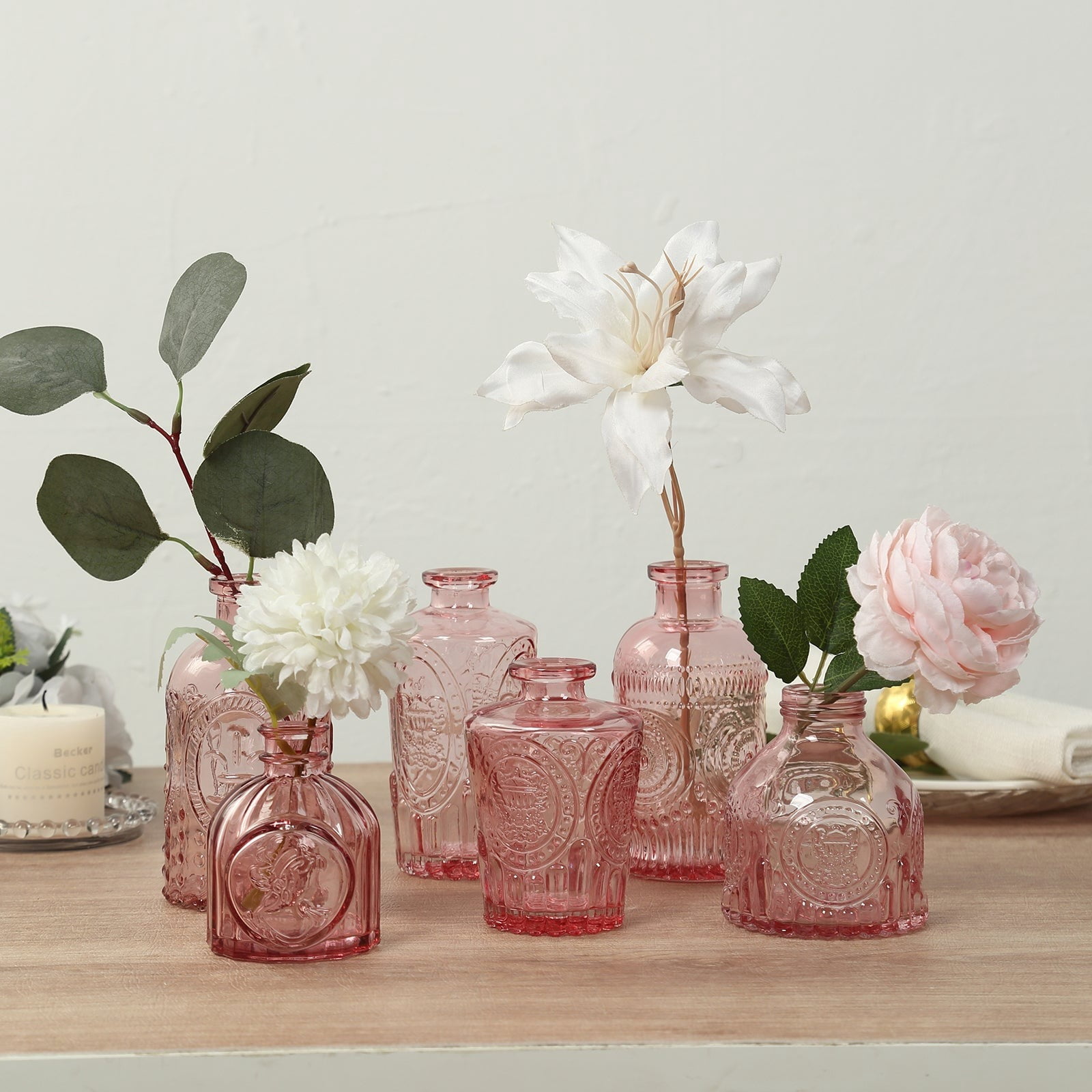 BalsaCircle 6 Dusty Rose Glass Flower Vases Embossed Vintage Design