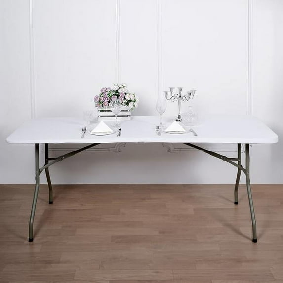 BalsaCircle 6 Feet White Fitted Spandex Rectangular Table Top Cover Trade Show Booth Linens