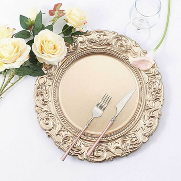 BalsaCircle 6 Gold 14" Metallic Acrylic Wooden Textured Round Baroque Plastic Charger Plates