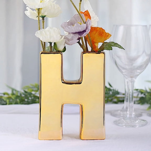 BalsaCircle 6" Gold H Metallic Letters Symbols Ceramic Flower Vase Centerpiece Wedding Party Events Decorations