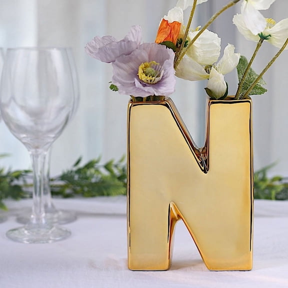 BalsaCircle 6" Gold N Metallic Letters Symbols Ceramic Flower Vase Centerpiece Wedding Party Events Decorations