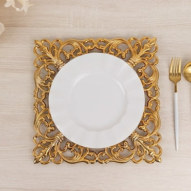 BalsaCircle 6 Gold Square 12 in Vintage Acrylic Charger Plates with Hollow Lace Borders Party Decorations Supplies