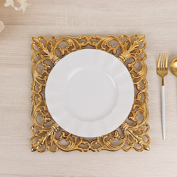 BalsaCircle 6 Gold Square 12 in Vintage Acrylic Charger Plates with Hollow Lace Borders Party Decorations Supplies