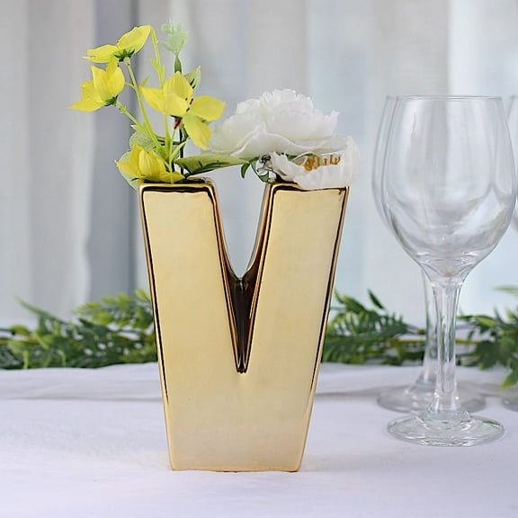 BalsaCircle 6" Gold V Metallic Letters Symbols Ceramic Flower Vase Centerpiece Wedding Party Events Decorations
