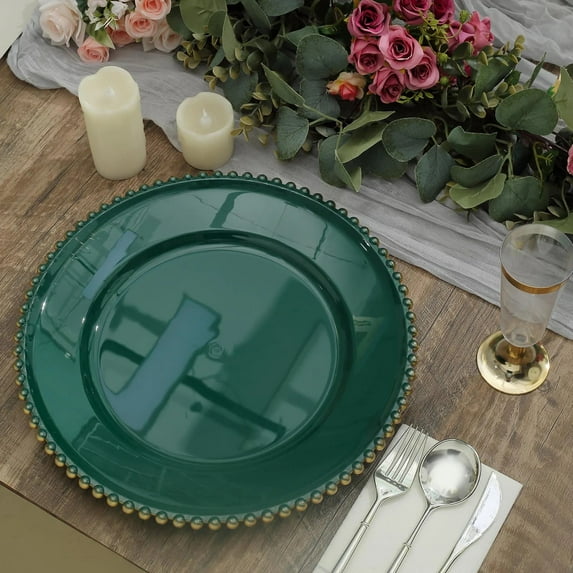 BalsaCircle 6 Hunter Green 12" Beaded Trim Acrylic Wooden Textured Round Acrylic Charger Plates