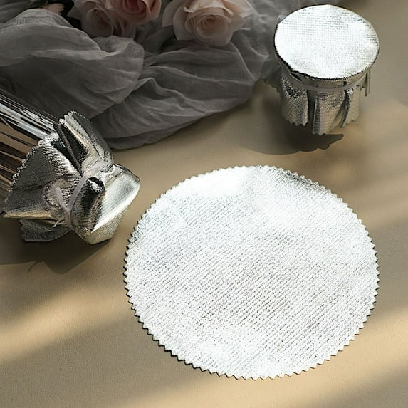 BalsaCircle 6 Metallic 6" Silver Round Lame Fabric Jar Covers Satin Tie String Party Events Decorations Supplies