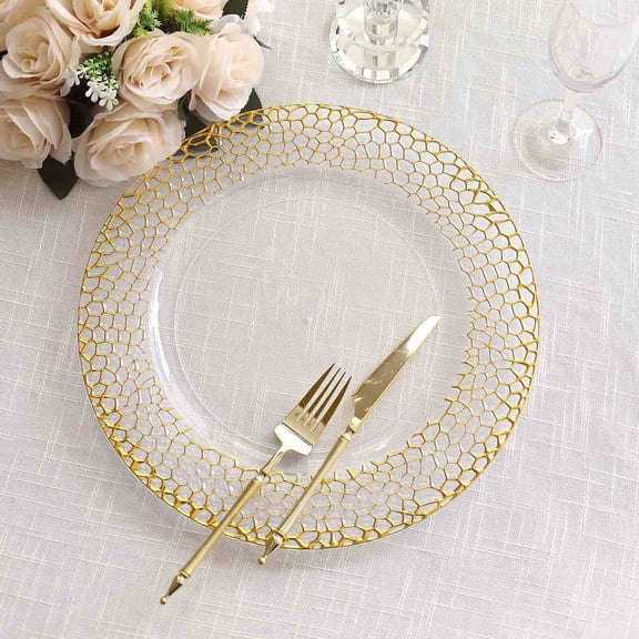 BalsaCircle 6 Metallic Clear 13 in Round Acrylic Charger Plates with Gold Hammered Rim Party Events Tableware Supplies