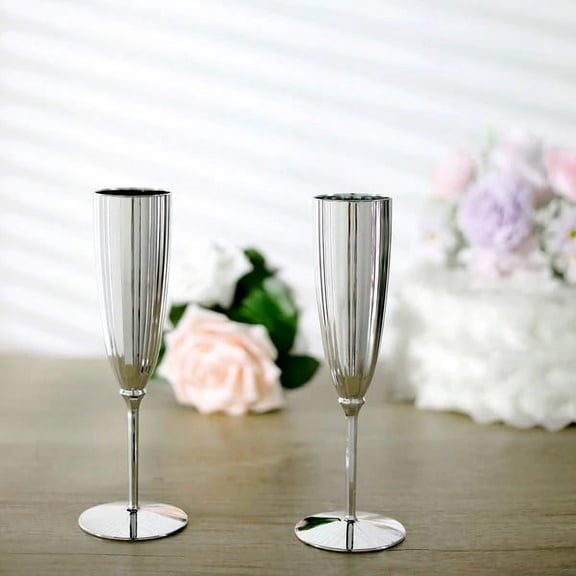 BalsaCircle 6 Metallic Silver 5 oz Plastic Champagne Flutes Tableware Disposable Wine Glassess Party Supplies