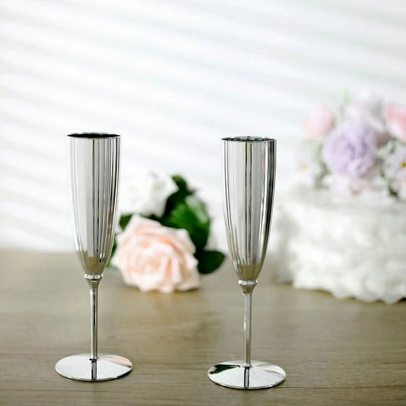 BalsaCircle 6 Metallic Silver 5 oz Plastic Champagne Flutes Tableware Disposable Wine Glassess Party Supplies