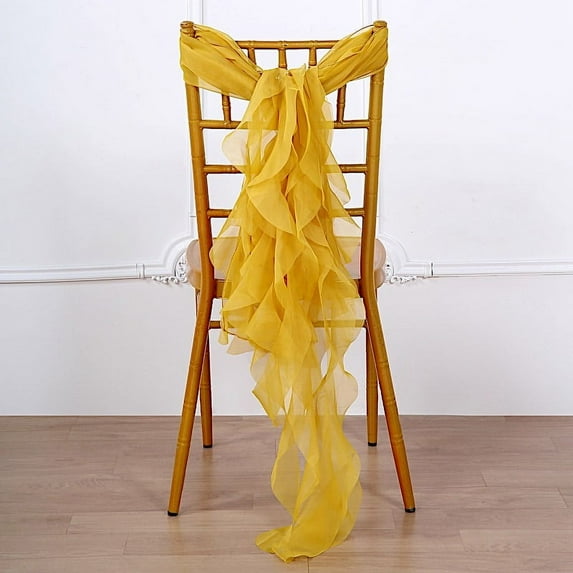 BalsaCircle 6 Mustard Yellow Premium Solid Curly Chiffon Chair Sashes Slipcovers
