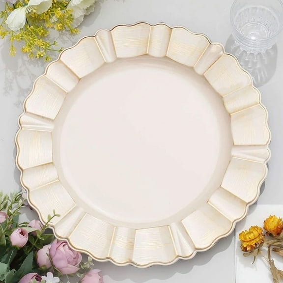 BalsaCircle 6 Nude Gold 13" Acrylic Wooden Textured Round Scalloped Trim Plastic Charger Plates