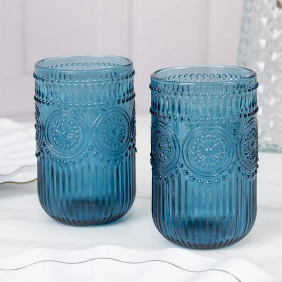 BalsaCircle 6 Ocean Blue 14 oz Round Glass Tumblers with Vintage Floral Embossed Pattern Party Tableware Wedding Events Decorations Supplies