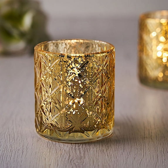 BalsaCircle 6 Pieces 3" Gold Metallic Geometric Design Mercury Glass Votive Candle Holders