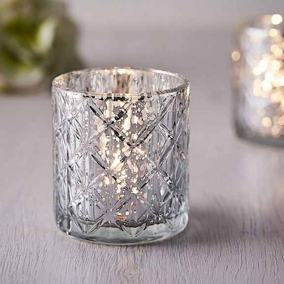 BalsaCircle 6 Pieces 3" Silver Metallic Geometric Design Mercury Glass Votive Candle Holders
