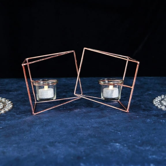 BalsaCircle 6" Rose Gold Jointed Geometric Stand Tealight Votive Glass Candle Holders Wedding