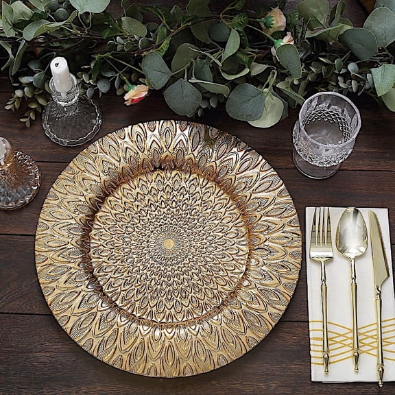 BalsaCircle 6 Round 13 in Gold Plastic Charge Plates Embossed Peacock Design Party Events Decorations Supplies