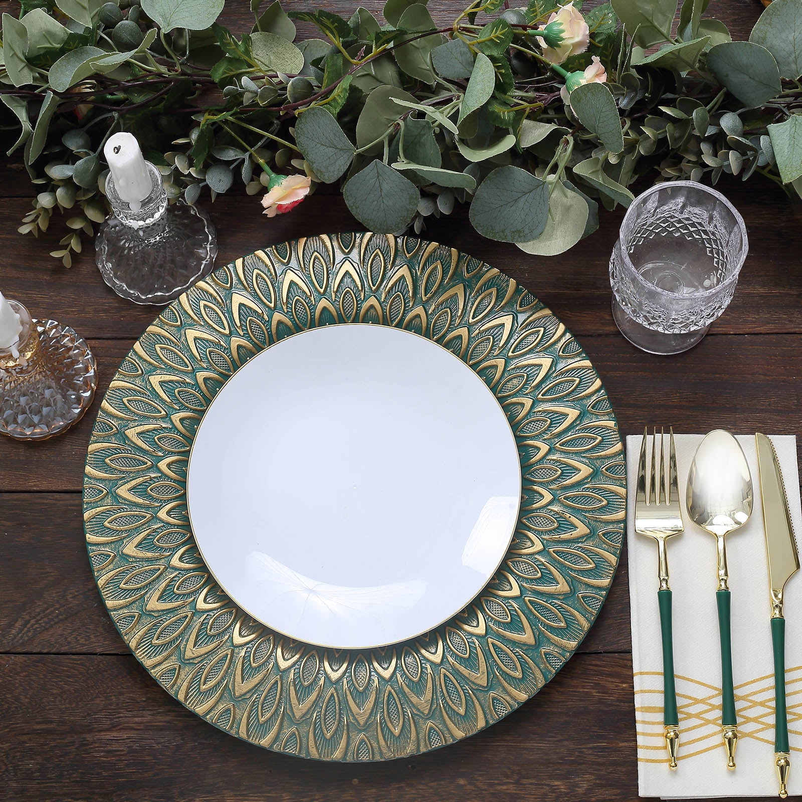 BalsaCircle 6 Round 13 in Teal Plastic Charger Plates Embossed Peacock ...