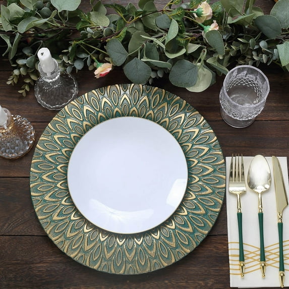 BalsaCircle 6 Round 13 in Teal Plastic Charger Plates Embossed Peacock Design Party Events Decorations Supplies