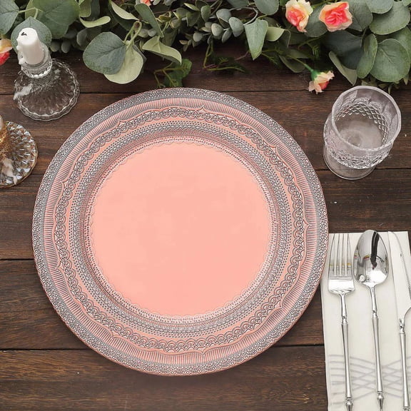 BalsaCircle 6 Round Rose Gold 13 in Acrylic Plastic Charger Plates Lace Embossed Trim Party Decorations Supplies
