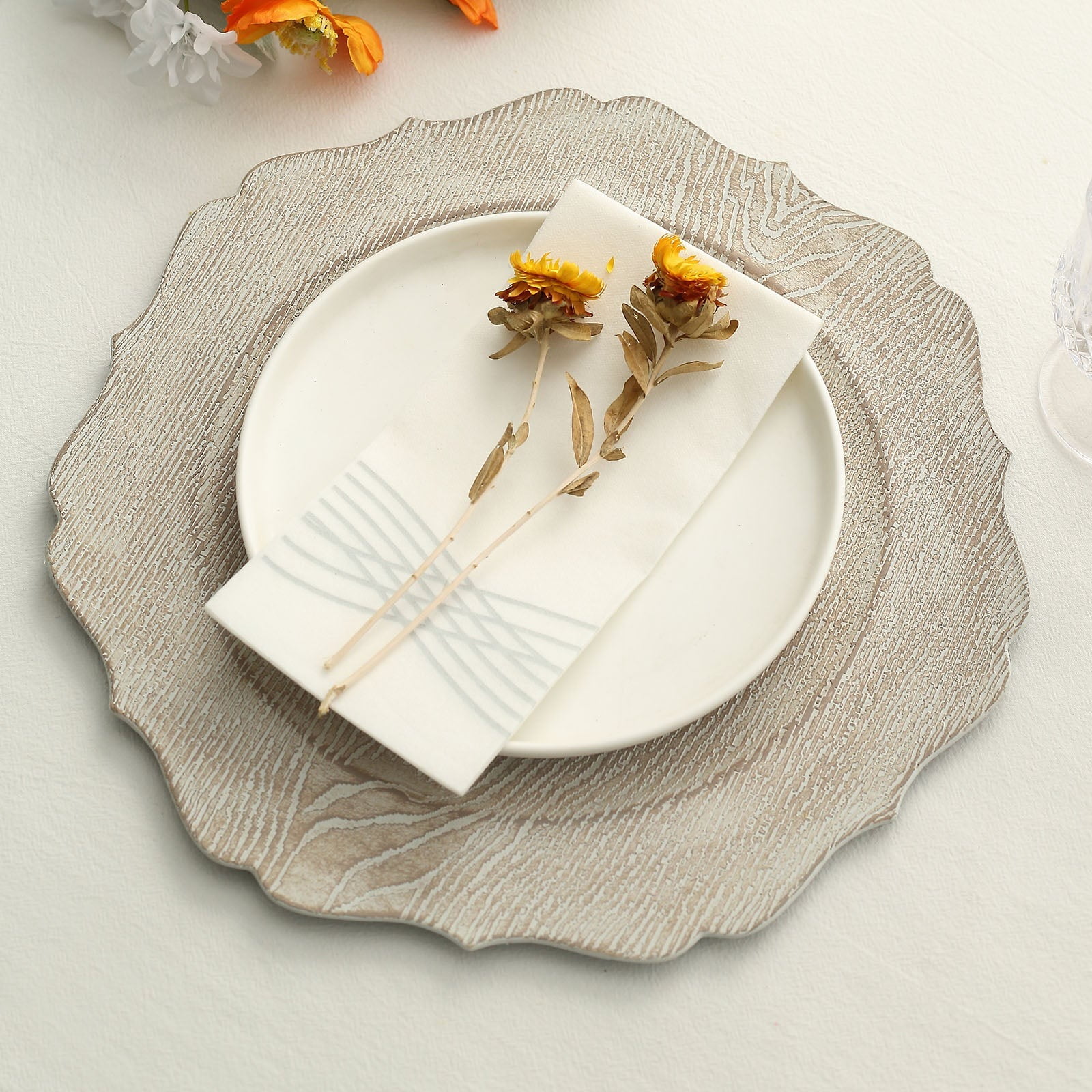 Rustic White 13" Round Acrylic Charger Plates with Scalloped Trim