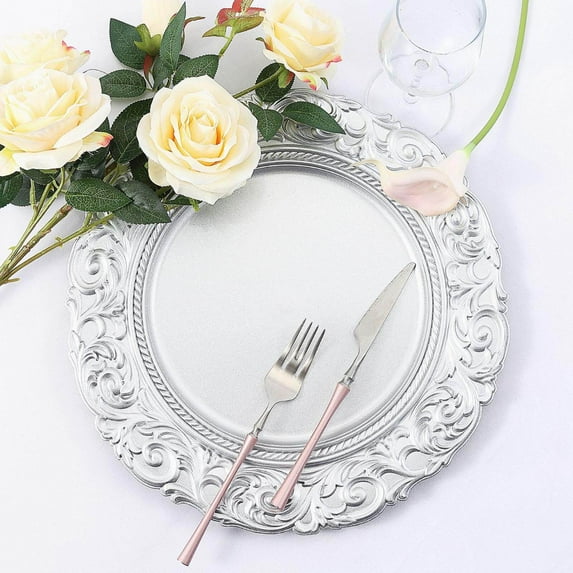 BalsaCircle 6 Silver 14" Metallic Acrylic Wooden Textured Round Baroque Plastic Charger Plates