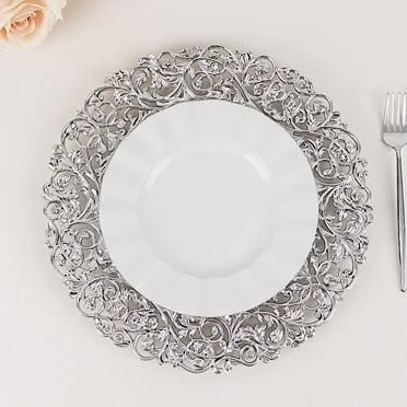 BalsaCircle 6 Silver Round 13 in Vintage Floral Acrylic Charger Plates with Carved Borders Party Decorations Supplies