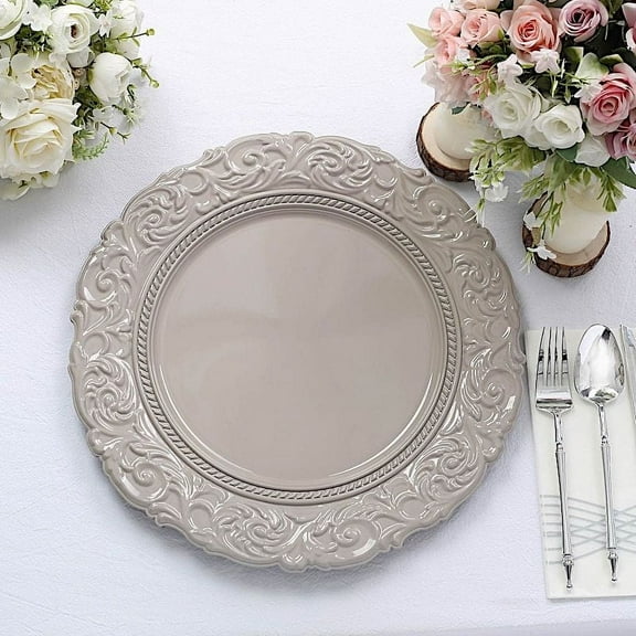 BalsaCircle 6 Taupe 14" Metallic Acrylic Wooden Textured Round Baroque Plastic Charger Plates