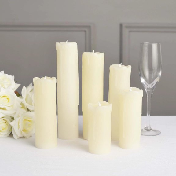 Balsa Circle 6 Ivory LED Pillar Candles Dripping Wax Design Battery Operated Lights Party Events Decorations
