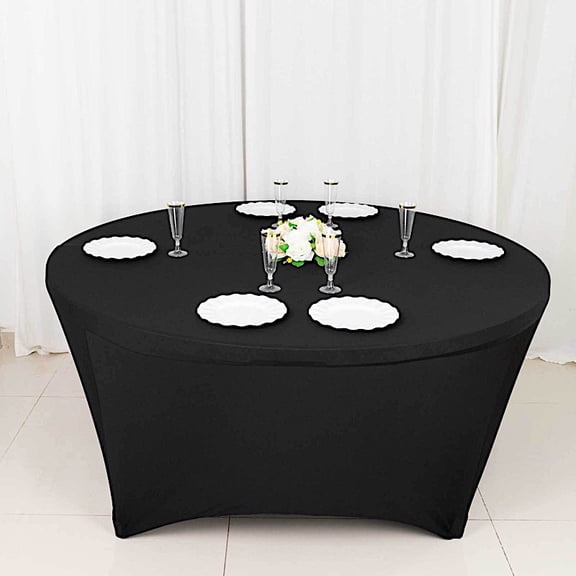 BalsaCircle 6 feet Black Stretch Spandex Fitted Round Tablecloth with Foot Pockets Reception Catering Dining Table Linens