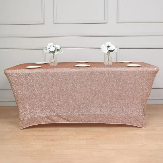BalsaCircle 6 feet Rose Gold Fitted Spandex Rectangular Tablecloth Metallic Tinsel Table Cover Party Events Decorations