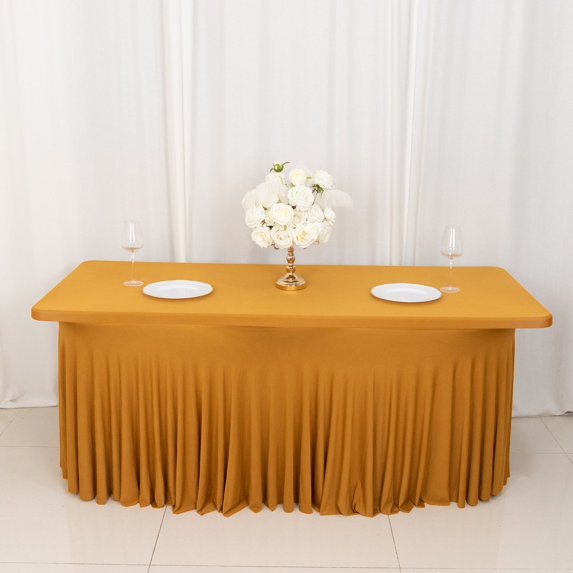 BalsaCircle 6 ft Fitted Gold Premium Spandex Rectangle Tablecloth Wavy Table Cover Party Events Decorations