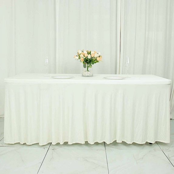 BalsaCircle 6 ft Fitted Ivory Premium Spandex Rectangle Tablecloth Wavy Table Cover Party Events Decorations