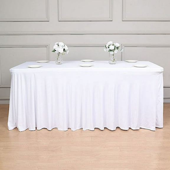 BalsaCircle 6 ft Fitted White Premium Spandex Rectangle Tablecloth Wavy Table Cover Party Events Decorations