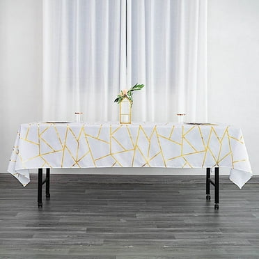 BalsaCircle 60" x 102" White Gold Metallic Geometric Design Polyester Rectangle Tablecloth