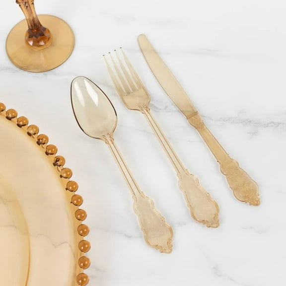 BalsaCircle 72 Amber Gold Plastic Cutlery Baroque Style Spoons Forks Knives Set Wedding Reception Disposable Tableware Supplies