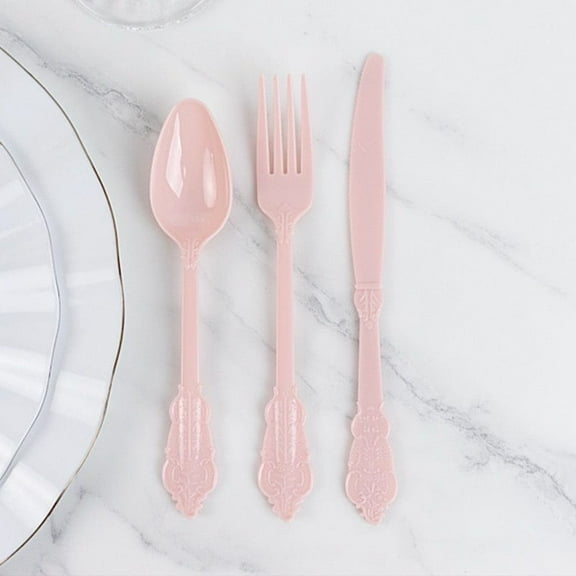 BalsaCircle 72 Blush Plastic Cutlery Baroque Style Spoons Forks and Knives Set Wedding Reception Party Disposable Tableware Supplies