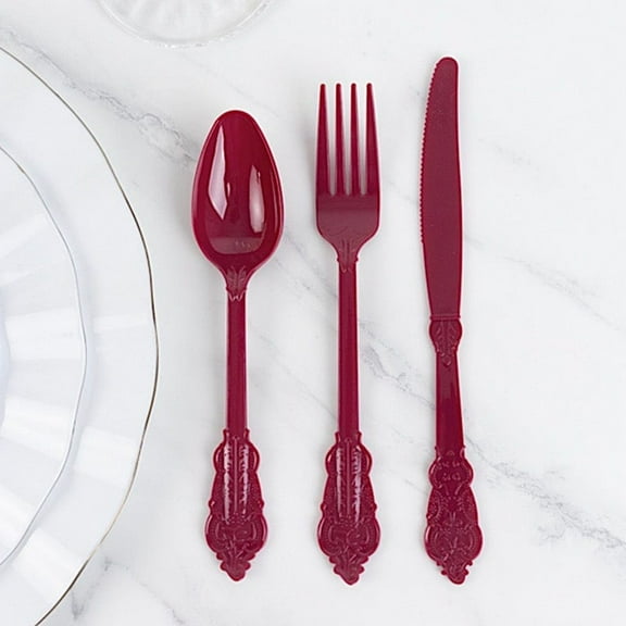 BalsaCircle 72 Burgundy Plastic Cutlery Baroque Style Spoons Forks Knives Set Wedding Reception Party Disposable Tableware Supplies