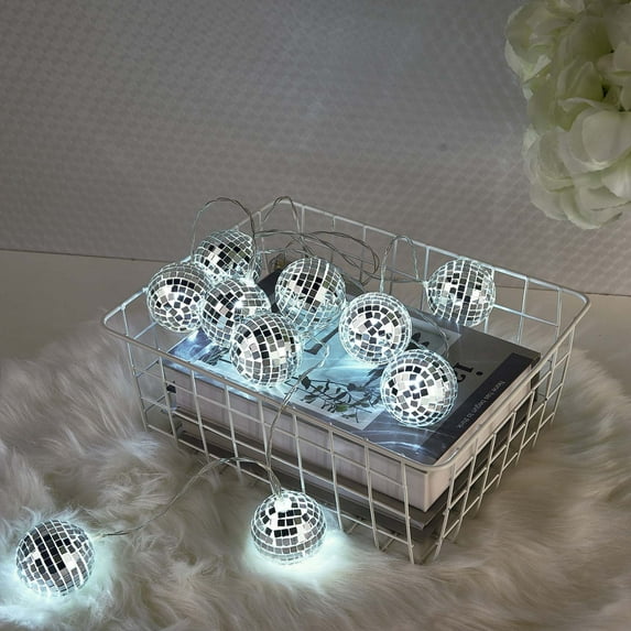 BalsaCircle 72" Cool White LED Disco Mirror Balls Battery Operated String Lights Garland Wedding