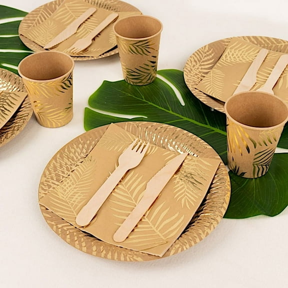 BalsaCircle 72 Natural Gold Palm Leaves Print Disposable Paper Tableware Set Party Events Decorations Supplies
