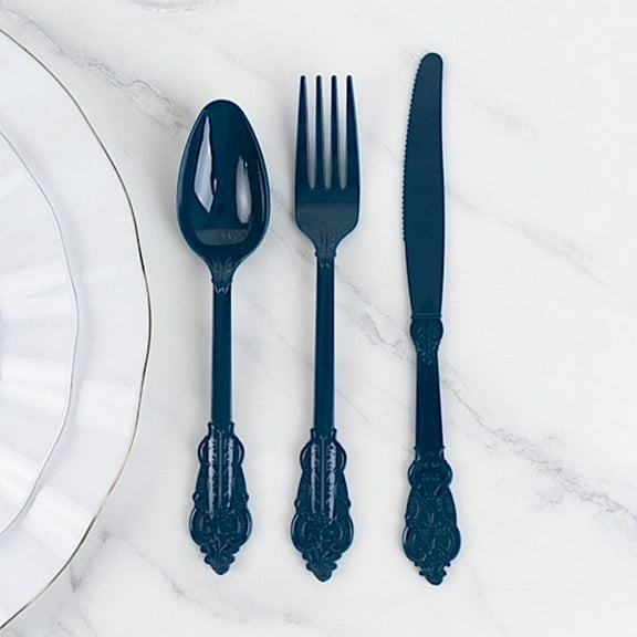 BalsaCircle 72 Navy Blue Plastic Cutlery Baroque Style Spoons Forks Knives Set Wedding Reception Party Disposable Tableware Supplies