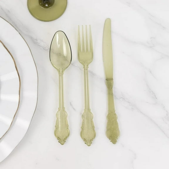 BalsaCircle 72 Transparent Dusty Sage Plastic Cutlery Baroque Style Spoons Forks Knives Set Wedding Disposable Tableware Supplies